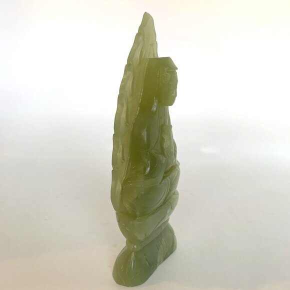 Chinese Nephrite Jade Seated Guanyin 6" Statue Hand Carved w/Pierced Leaf Halo - Picture 5 of 13